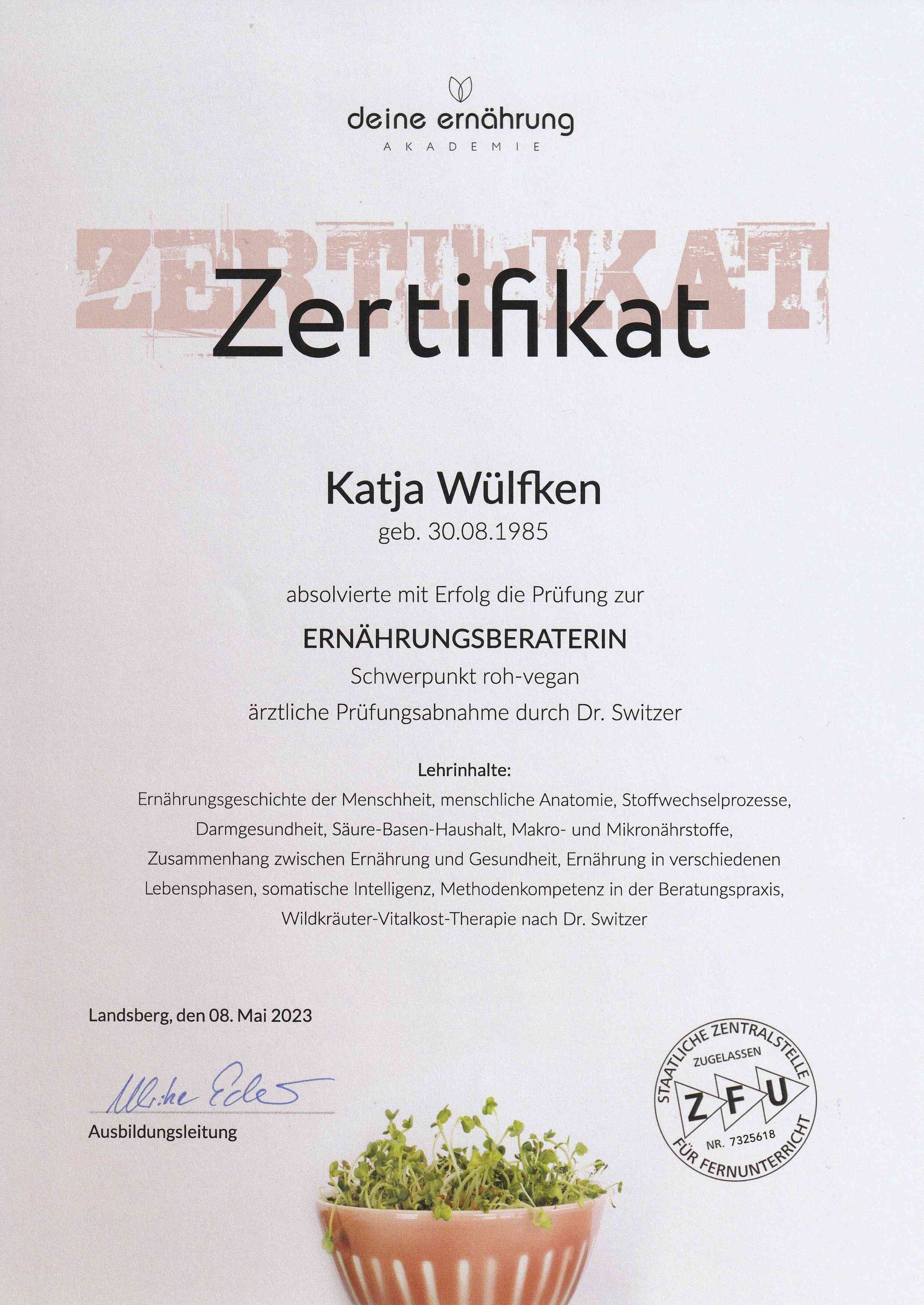 Katja Wülfken Zertifikat Ärztlich Geprüfte Ernährungberaterin